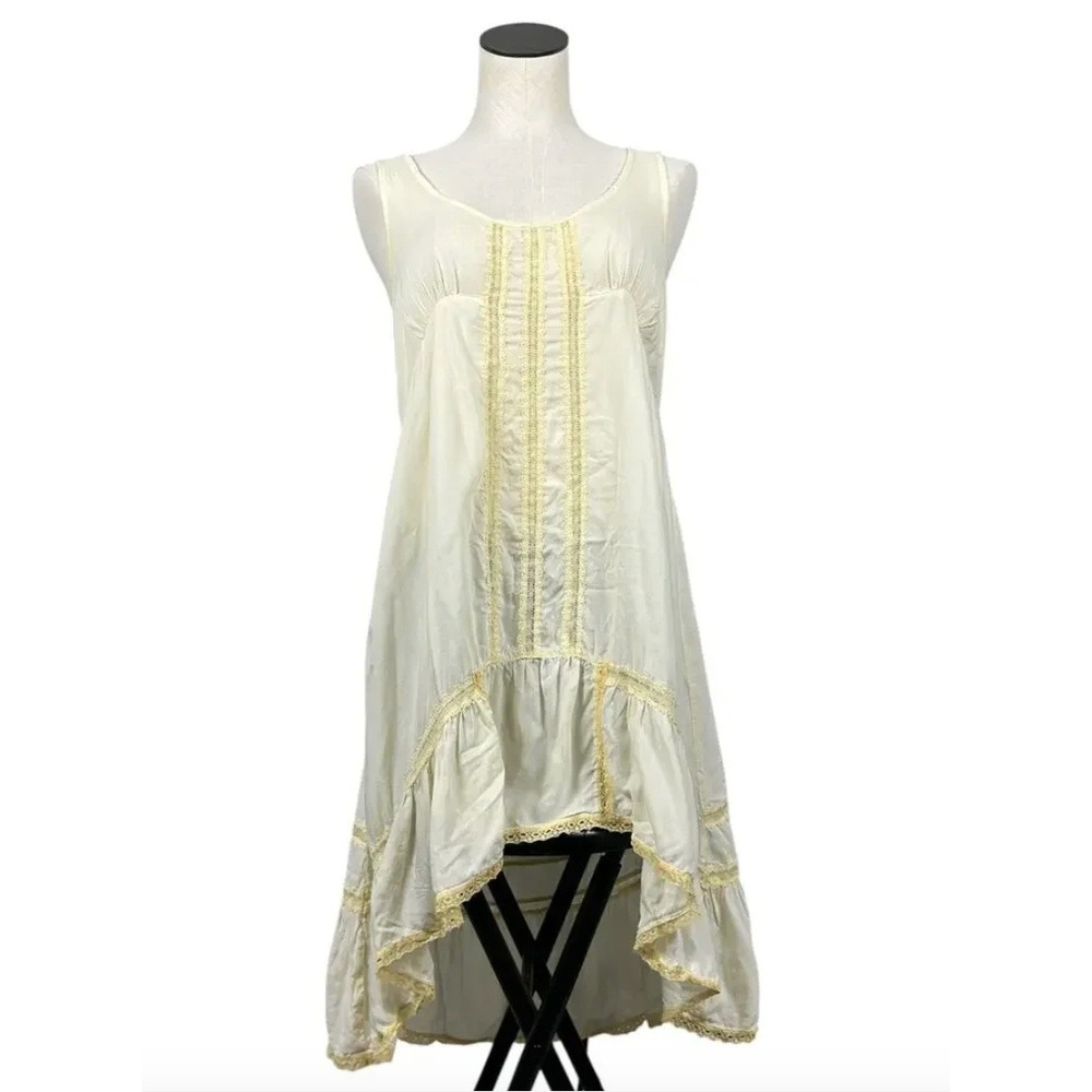 Free People Intimately Yellow Lace Trim Tiered High Low Mini Dress S cottagecore